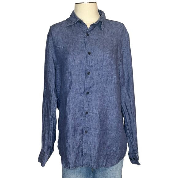Uniqlo men’s blue linen long sleeve button front shirt size large - Picture 1 of 6